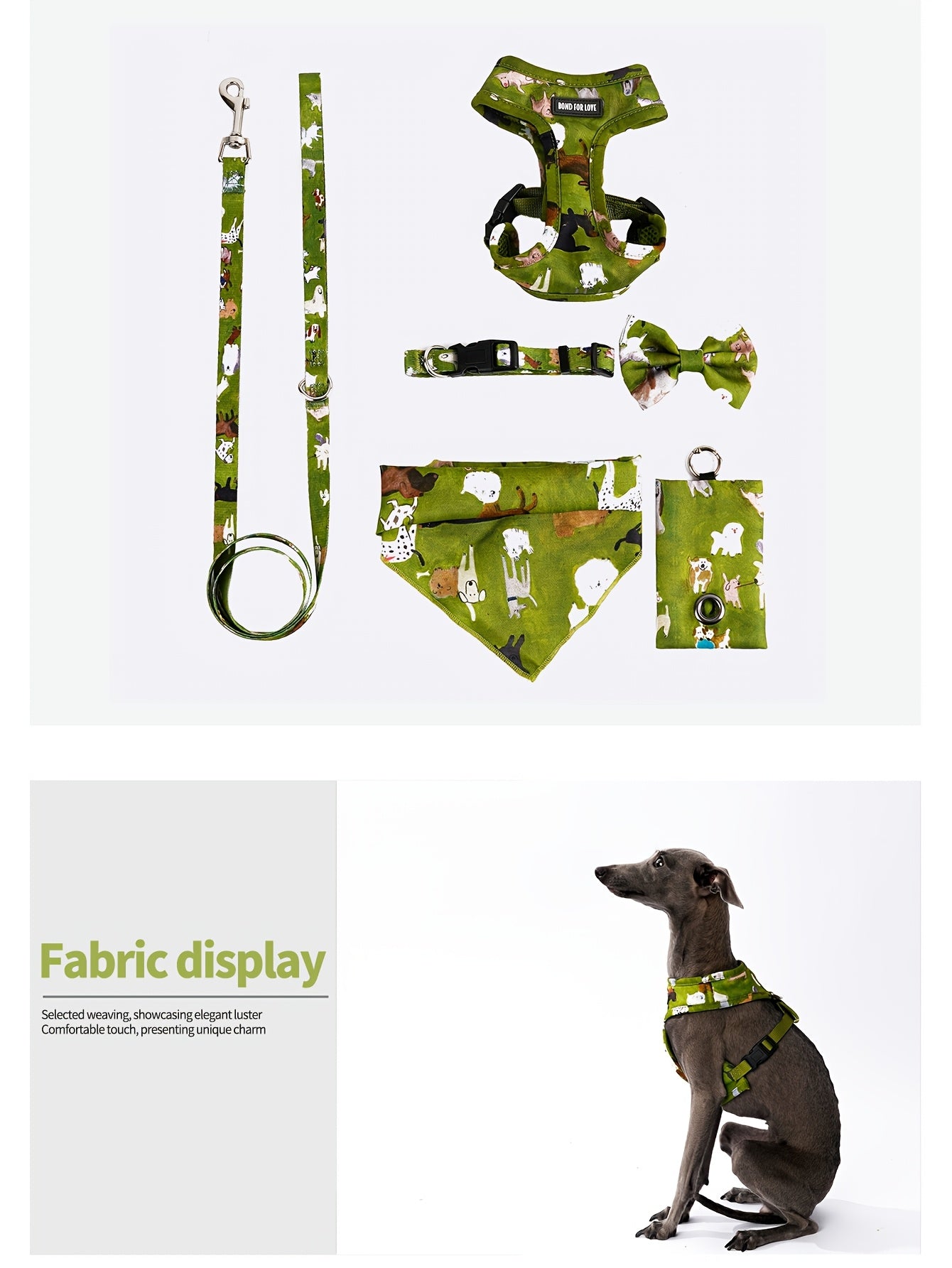 6pcs Forest Animal Print Dog Walking Set, Adjustable Pet Harness, 4ft Leash, Collar, Bowtie, Bandana, and Waste Bag Dispenser for Small to Large Dogs, Polyester Fiber, Without Battery