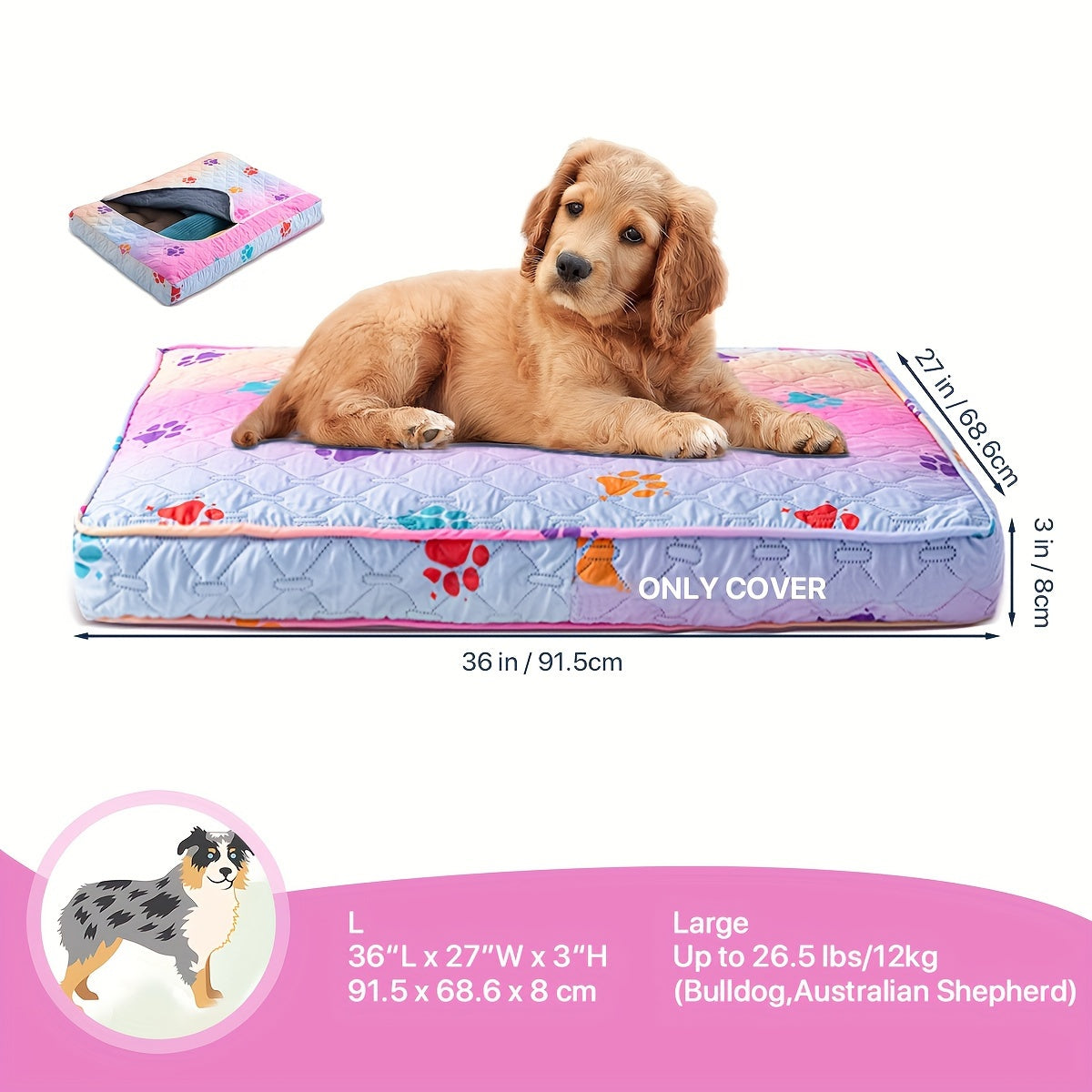 1pc & Machine Washable Dog Bed, Anti-Leakage Removable Dark Gray Pet Bed Cover, Dog Bed Protector Rainbow Dog Paw Furniture Cover for Extra Large, Large, Medium, Small Dogs