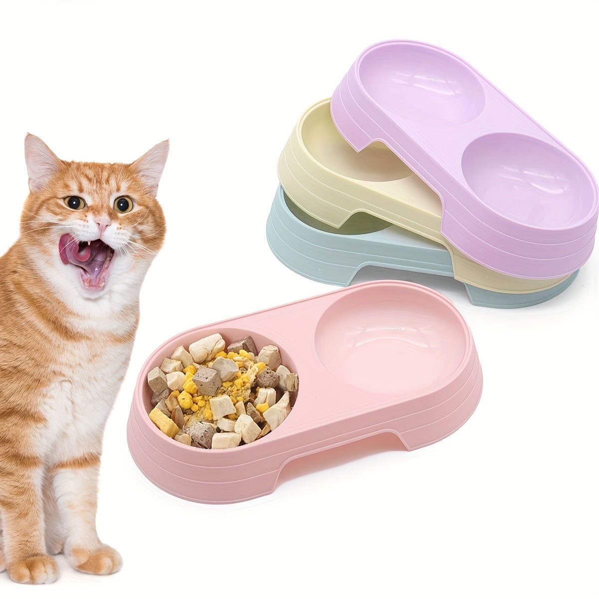 Dual Cat Feeder Bowls - Integrated Food & Water Station for Cats, Durable PP Material, 2-in-1 Design with Multiple Compartments, Available in Purple, Yellow, Pink, and Greenish-Blue, Perfect for Indoor Cat Feeding, Pet Water