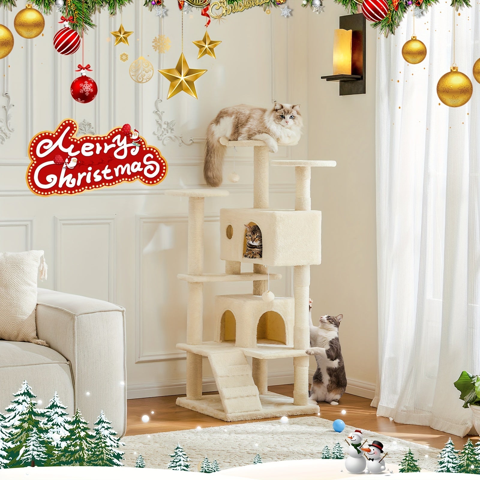 54in Cat Tree Tower for Indoor Cats, Multi-Level Pet Furniture, Kitty Play House with Sisal Scratching Post, Large Condo, Climbing Ladder, Plush Toy for Kitten, Beige and Gray