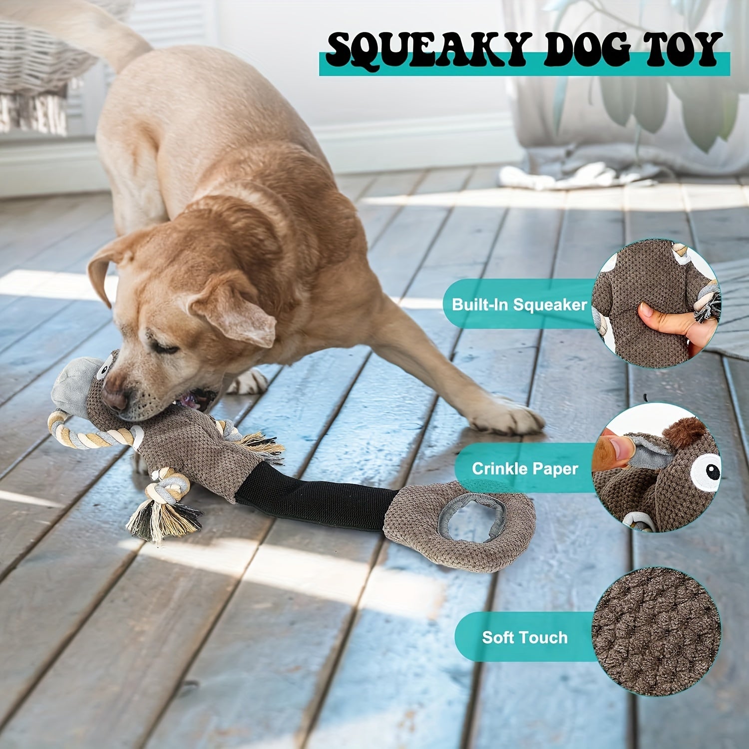 Plush Donkey Dog Toy with Double Handle and Stretchable Rope - Interactive Tug and Squeaky Pet Toy for Teeth Cleaning, Durable for Small, Medium, and Large Breeds, Without Battery
