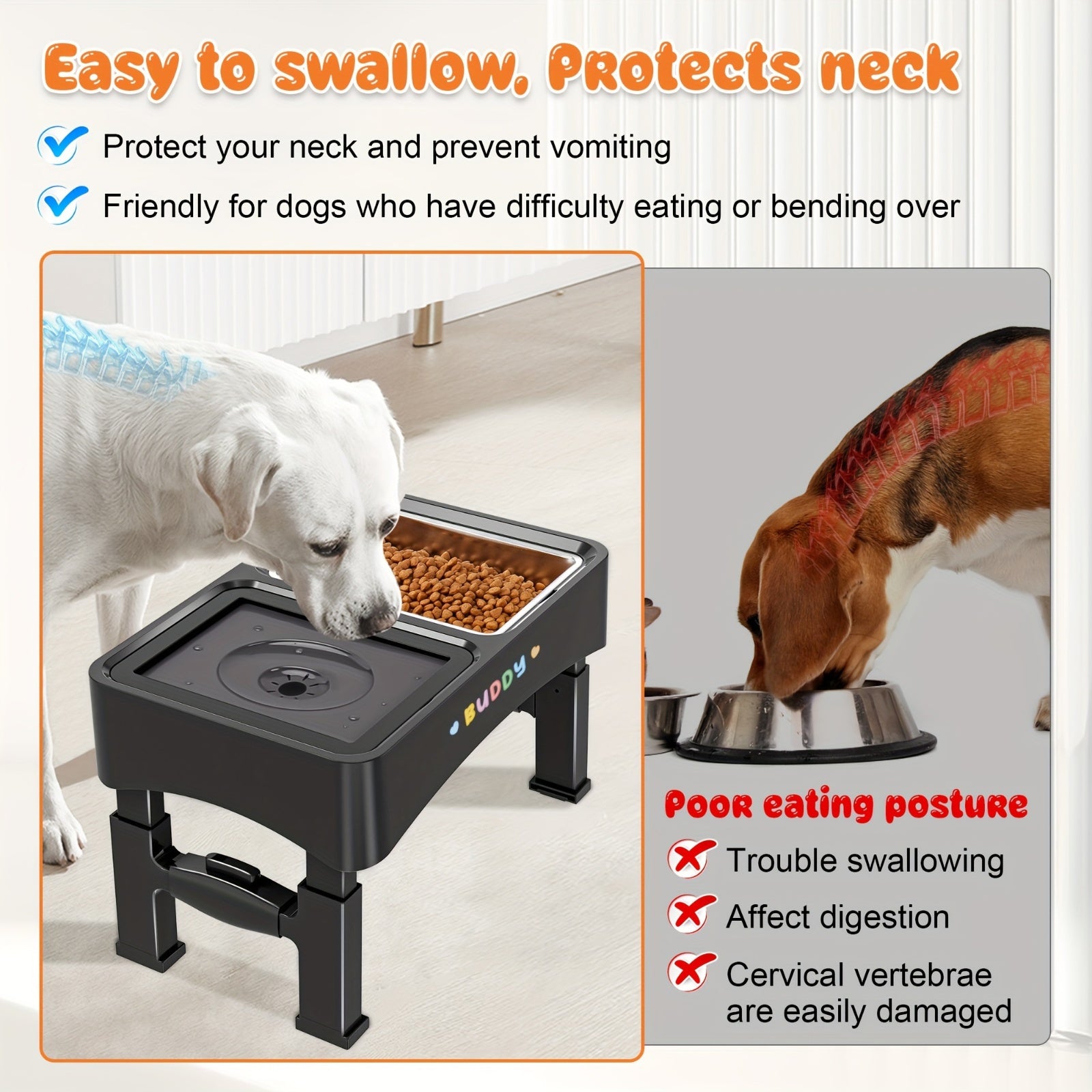 4-Height Adjustable Elevated Pet Feeding Station - Stainless Steel Food Bowls, Slow Feeder & No-Spill Water Bowl Set for Medium & Large Dogs - Neck Protection