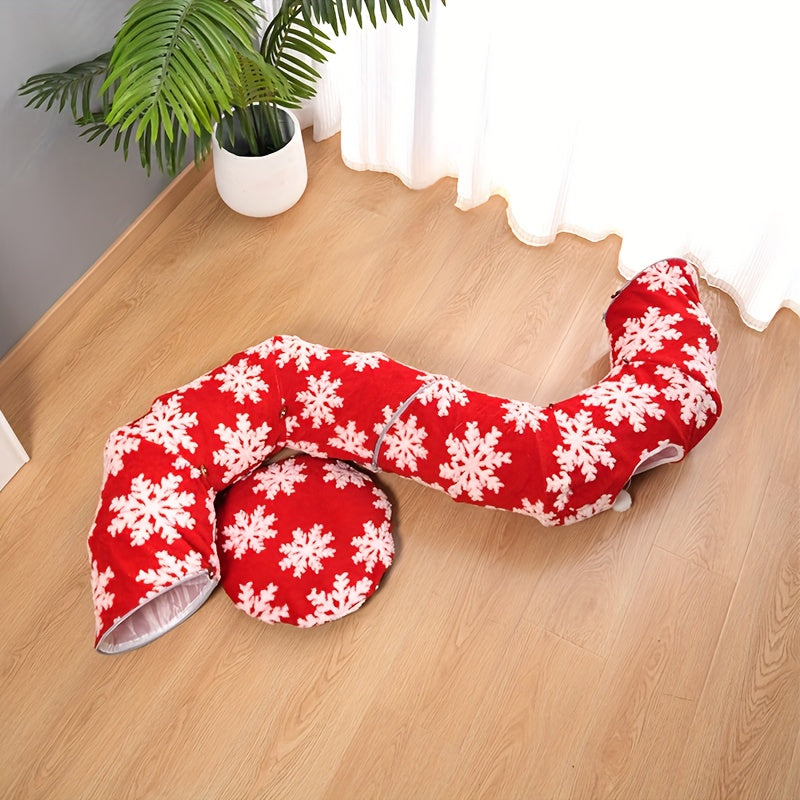 Christmas Cat Tunnel & Bed - Extra Large 37.01in Plush Warm Cozy Cat Bed with Expandable Donut, Snowflake Pattern, Holiday Theme, Anxiety Relief, Indoor Use, Red & Green, Cat Bed for Indoor Cats, Festive Pet Furniture, Playfu
