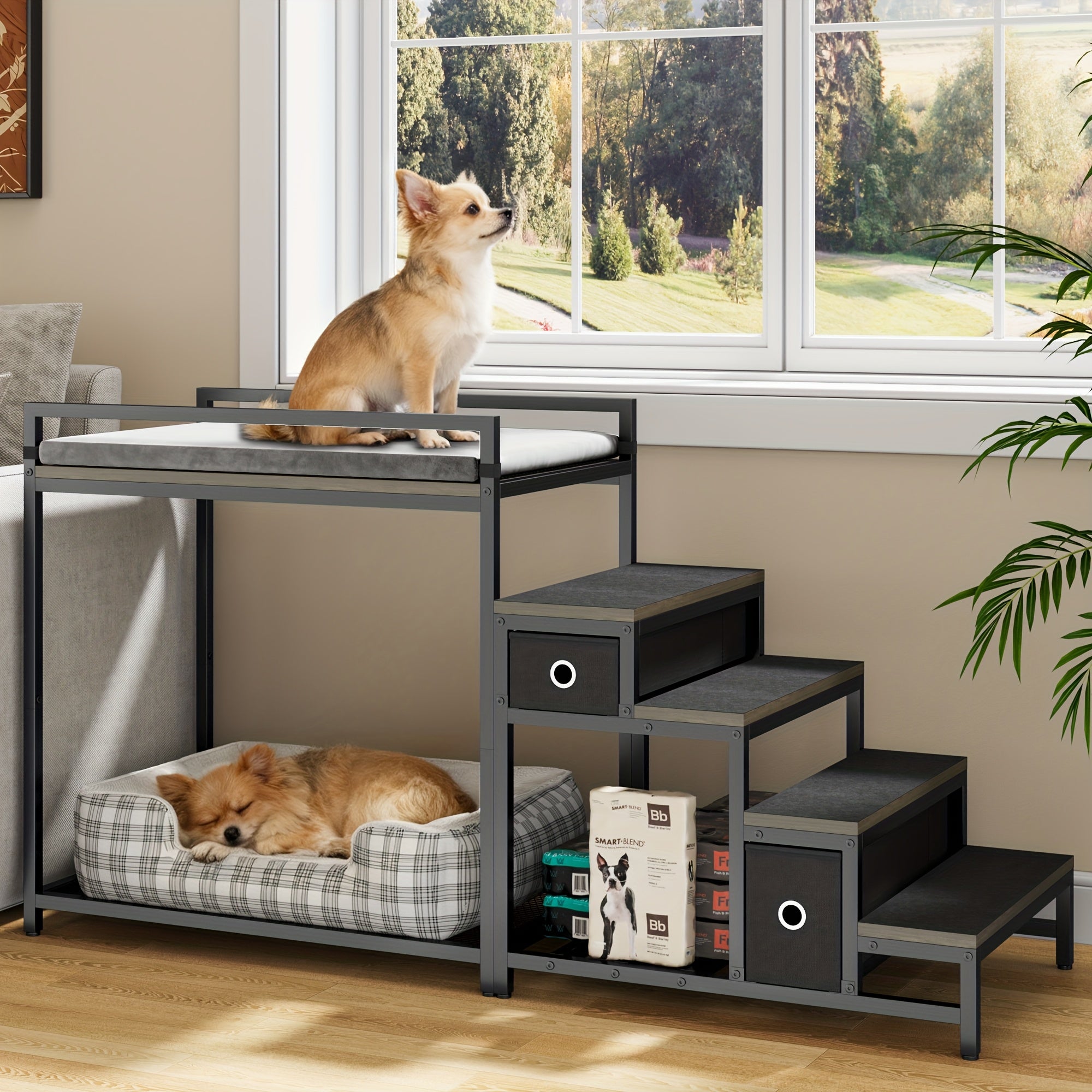 SAUDISM Multi-Level Pet Bunk Bed with Removable Step for Dogs & Cats - Durable Wooden Frame, Cushioned Perch & Window Seat, Indoor Use, Easy Assembly, Black, Perfect for Small to Medium Dogs, Cozy Home Decor, Pet Furniture, M