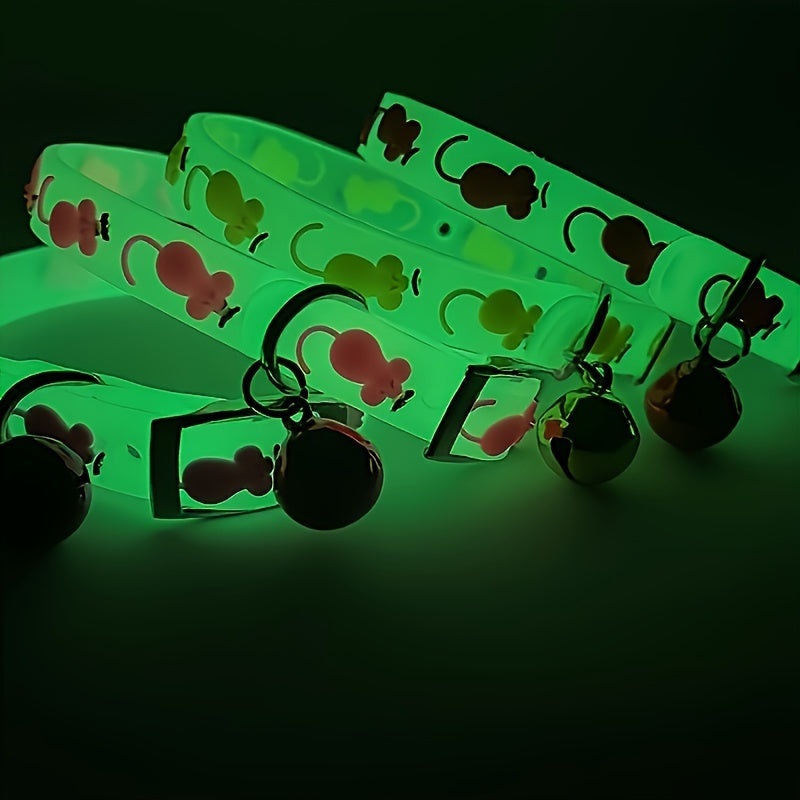 5-piece adjustable luminous pet collar with bell, animal pattern, rubber material, safety night-light cat collar set
