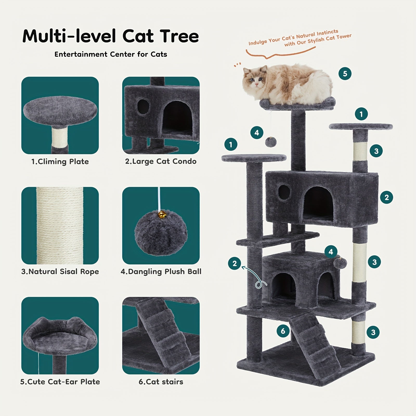 54in Tall Multi-Level Cat Tree Tower for Indoor Cats, Kitty Play House with Sisal Scratching Post, Large Condo, Climbing Ladder, Pet Furniture, Plush Toy for Kitten