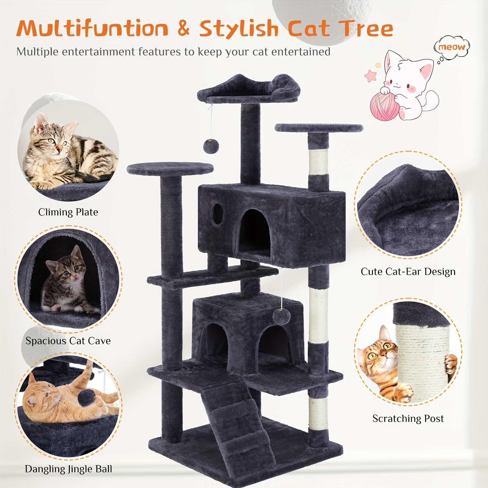 Sweetcrispy Cat Tree, Indoor Cats Tower Tree, 54in Cat Tree Tower, Multi-Level Pet Furniture With Sisal Scratching Post, Plush Fabric, Large Condo Bed, Climing Ladder, Jingle Ball Toy For Kitty, Kittens - For Cats & Kittens -