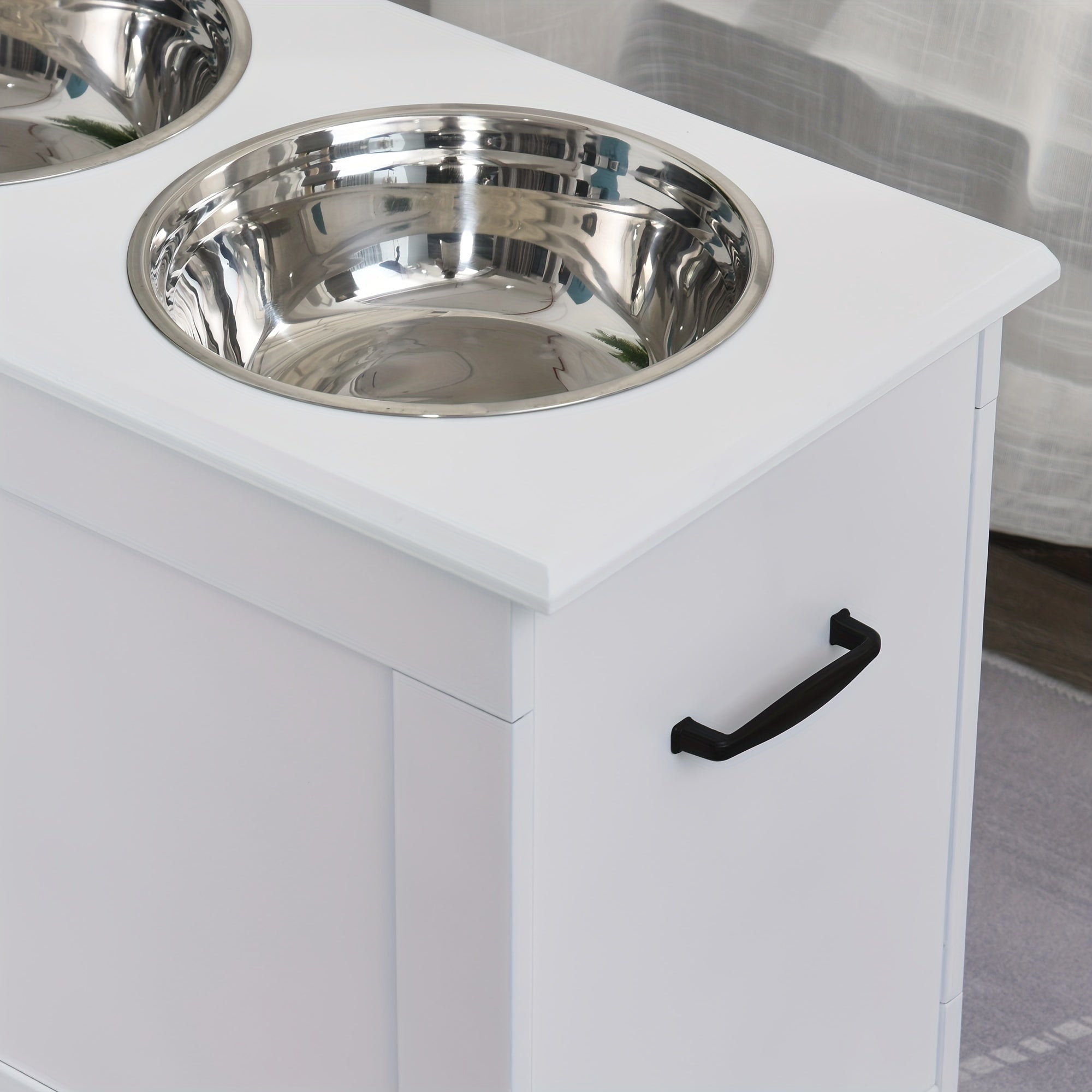 PawHut Raised Pet Feeding Storage Station With 2 Stainless Steel Bowls Base For Large Dogs And Other Large Pets, White