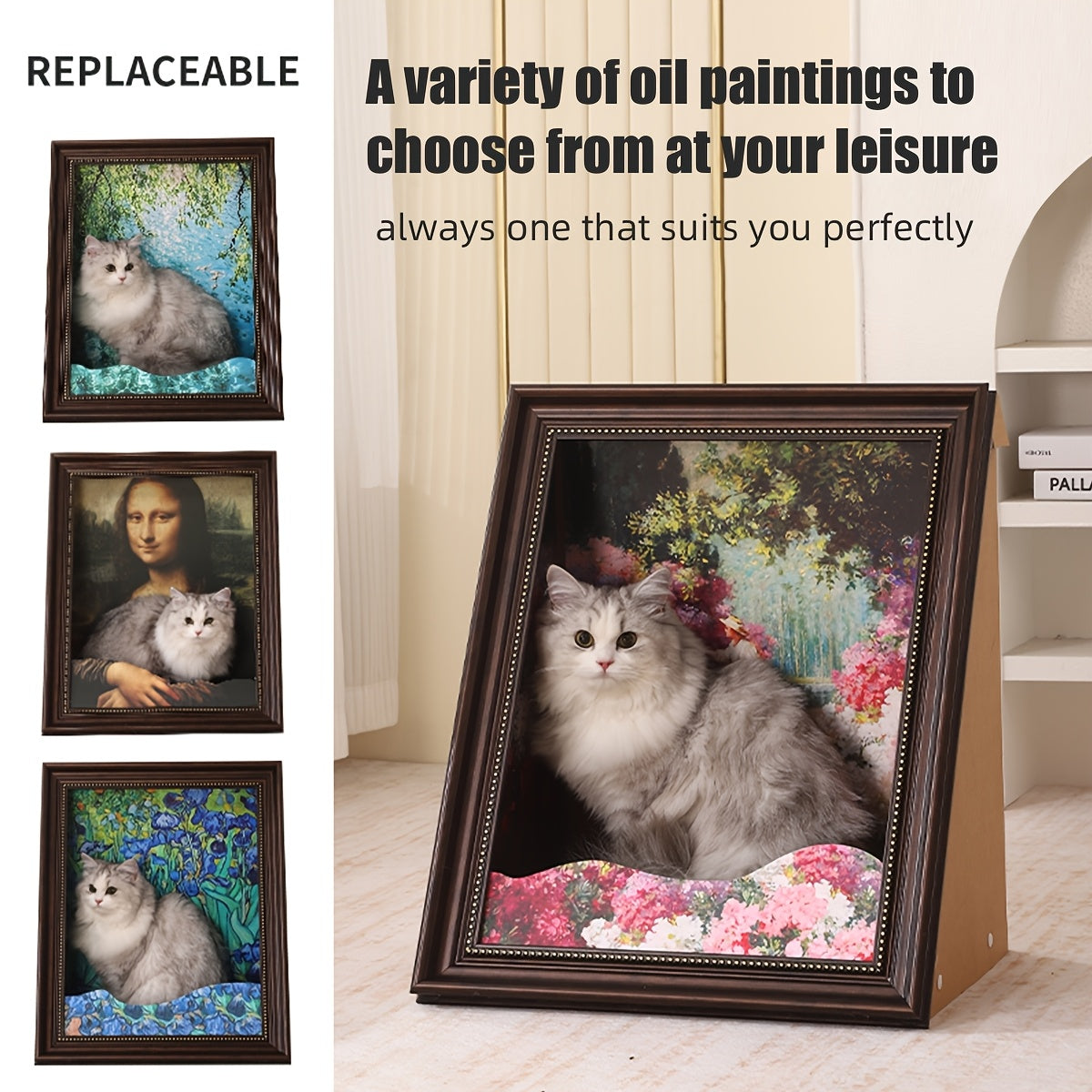 Mona Lisa Cat Bed & Scratching Post - Vintage Framed Cat House, Removable Scratch Pad, Elegant Home Decor Pet Furniture for Indoor Cats - Perfect Gift for Cat Lovers, Cat Bedroom Decor And Accessories, Classical Art Theme, Qu