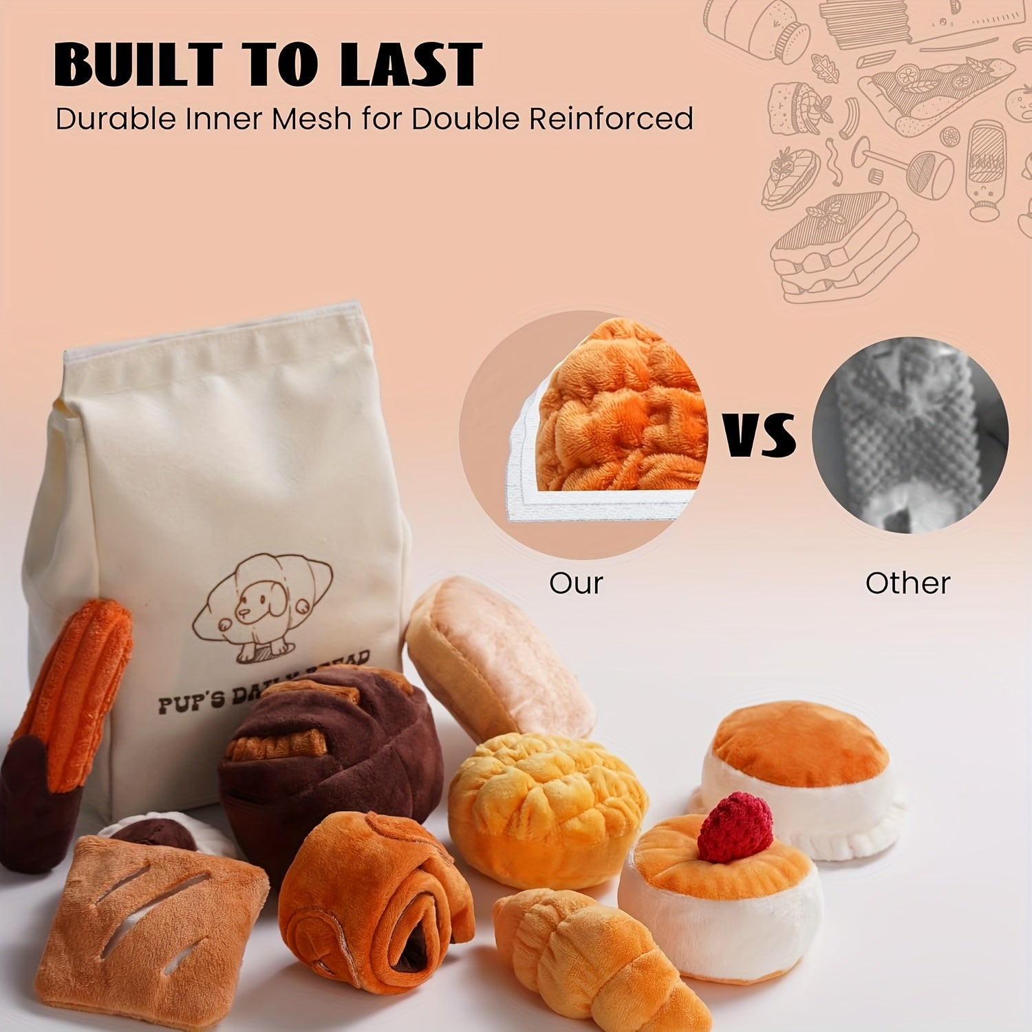 10 Pack Nocciola Bread Dog Toys with Storage Bag - Crinkle Squeaky Plush Chew Toys for Small & Medium Dogs, Durable Puppy Toys with Treat Hiding Pockets, Assorted Bread-Shaped Interactive Dog Accessories, Pet Playtime Accesso
