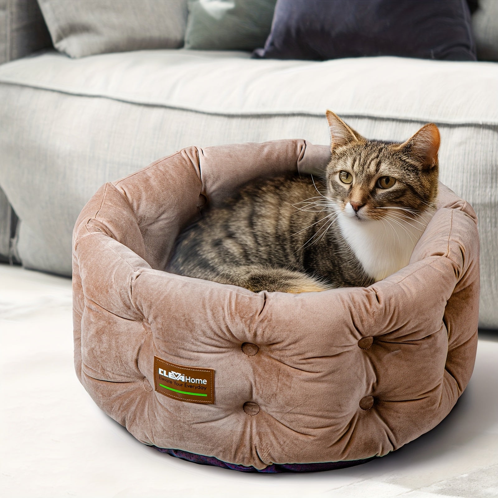 ClevaHome Deep Nest Cat Bed for Small Pets up to 15lbs - Round Cat Beds for Indoor Cats, Luxurious Velvet Feel, Extra High Sides, Machine Washable Comfort Pet Bed with Non-Slip Bottom