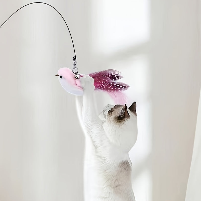 Colorful Feather Bird Cat Teaser Stick - Long Steel Wire Pole with Glue Suction Cup - Cute and Vivid Simulation Pet Toy for Self-Entertainment and Bite-Resistant Cat Supplies