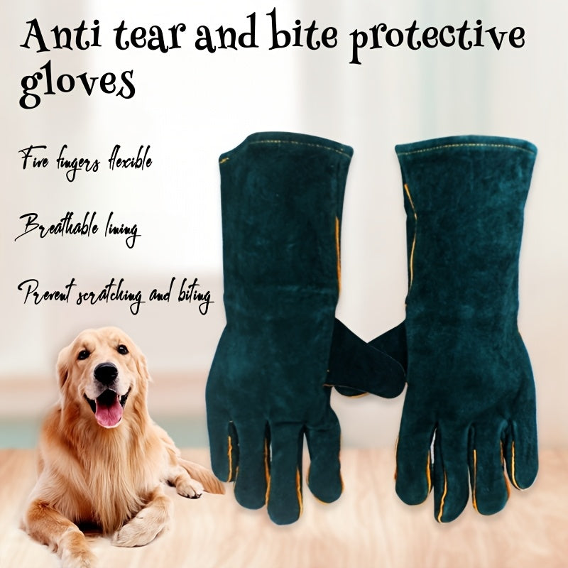 Premium Pet Grooming Gloves - Comfortable, Bite & Scratch Resistant | Ideal for Dogs & Cats, Green with Yellow Stitching