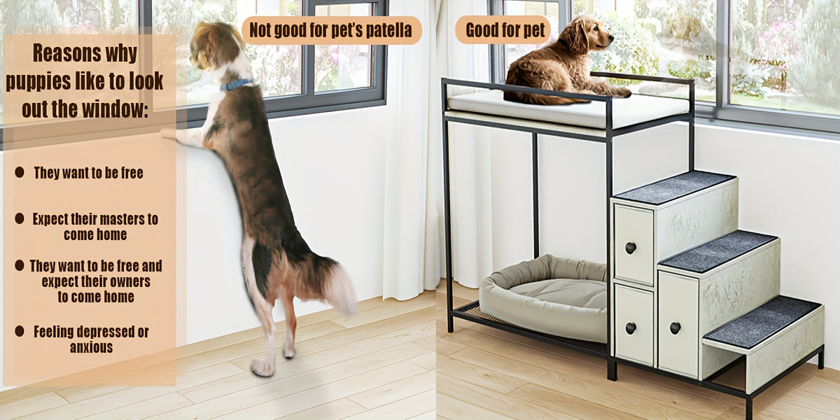 Multi-Level Pet Bunk Bed with Stairs & Storage Drawers - Elevated Dog Bed or Window perch, Sturdy Construction, Space-Saving Design for Small/Medium Dogs - Modern Home Decor Pet Furniture, Engineered Wood Frame, Apartment Pet