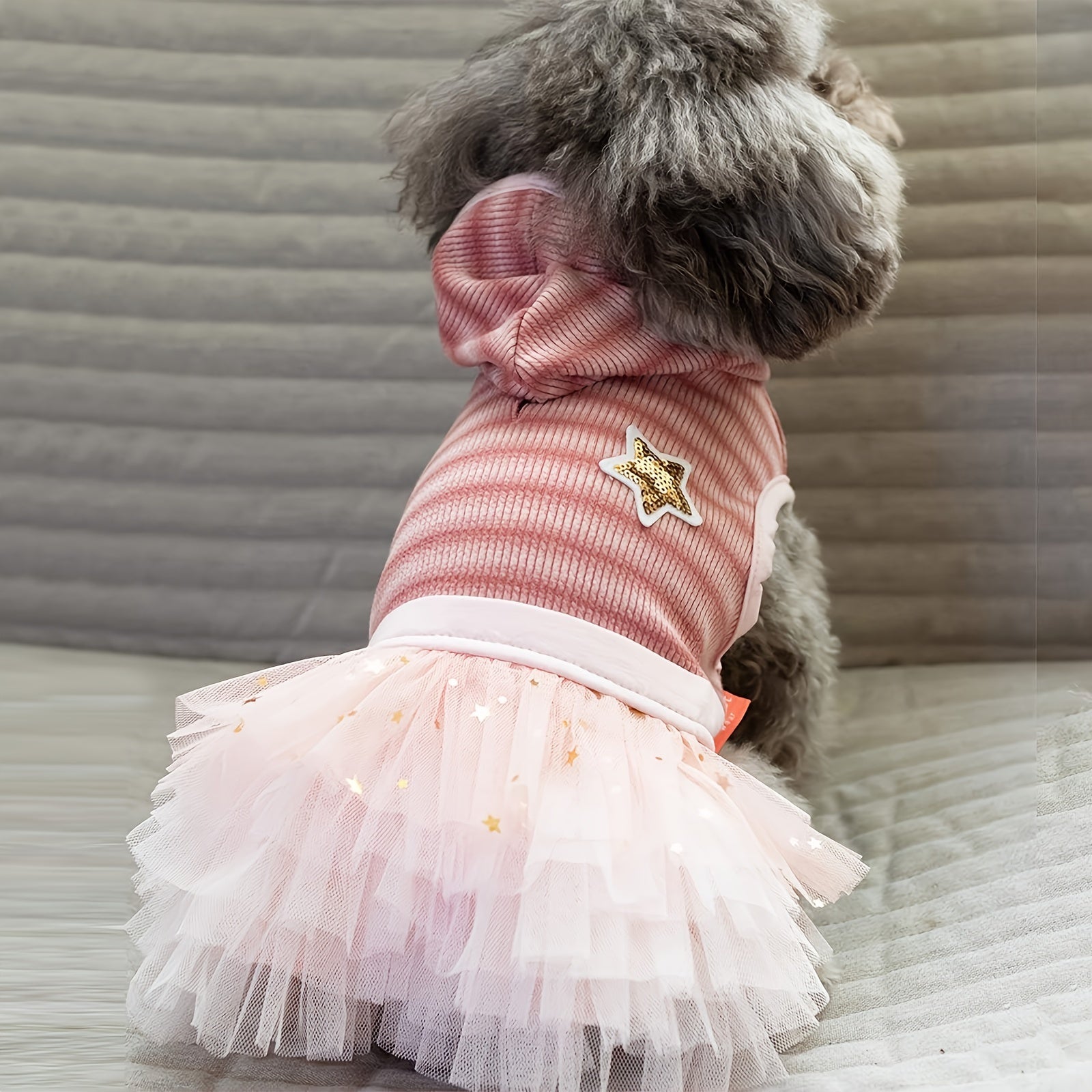 Chic Striped Dog Dress with Hood & Reflective Star Accents - Soft, Comfortable Pullover Pet Apparel for Small Breeds, Machine Washable - Sizes XS to XL