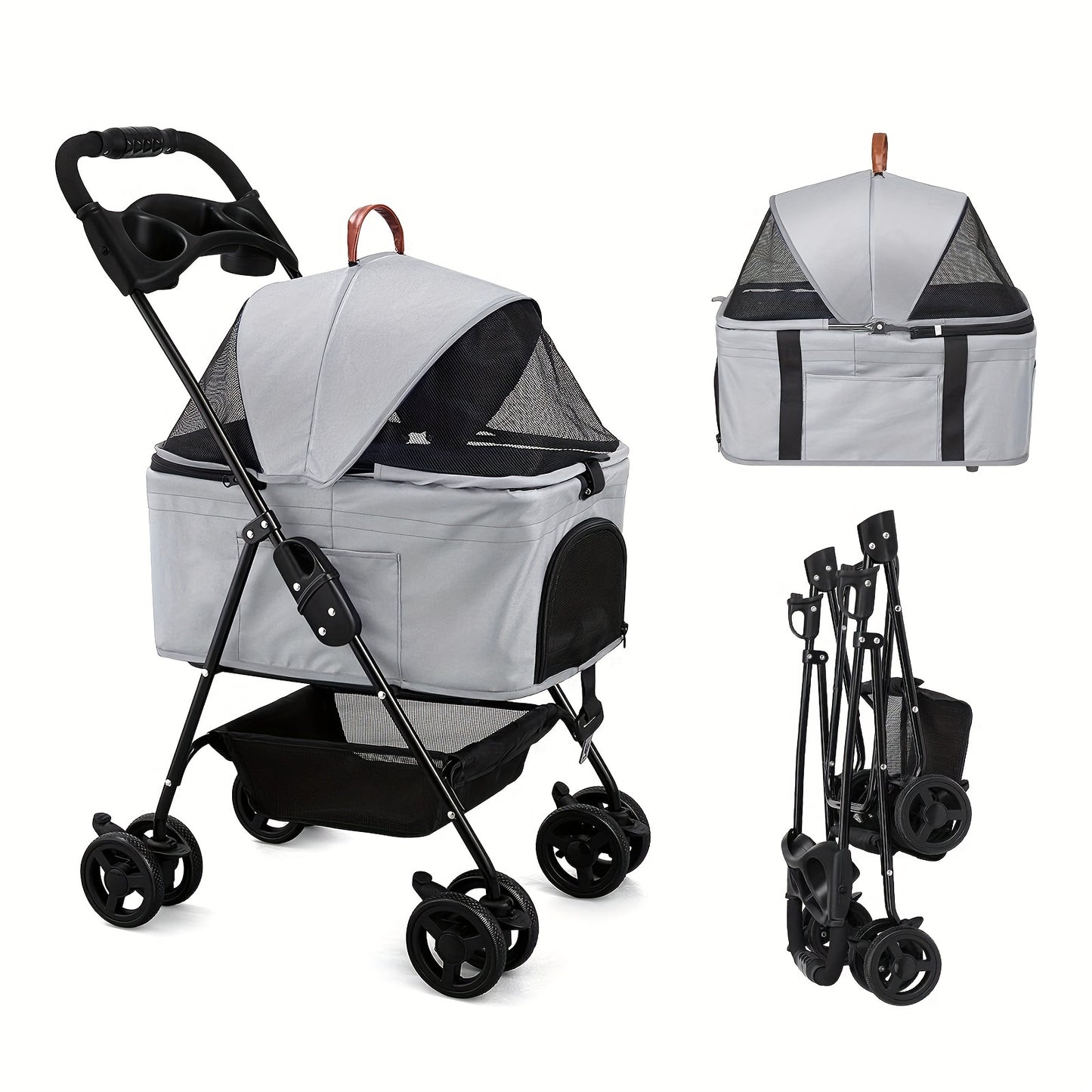 3-in-1 Pet Stroller Carrier - Foldable, Detachable, Car Seat, Stroller with Easy Push Button Entry for Small Pets - Attractive Gray Color