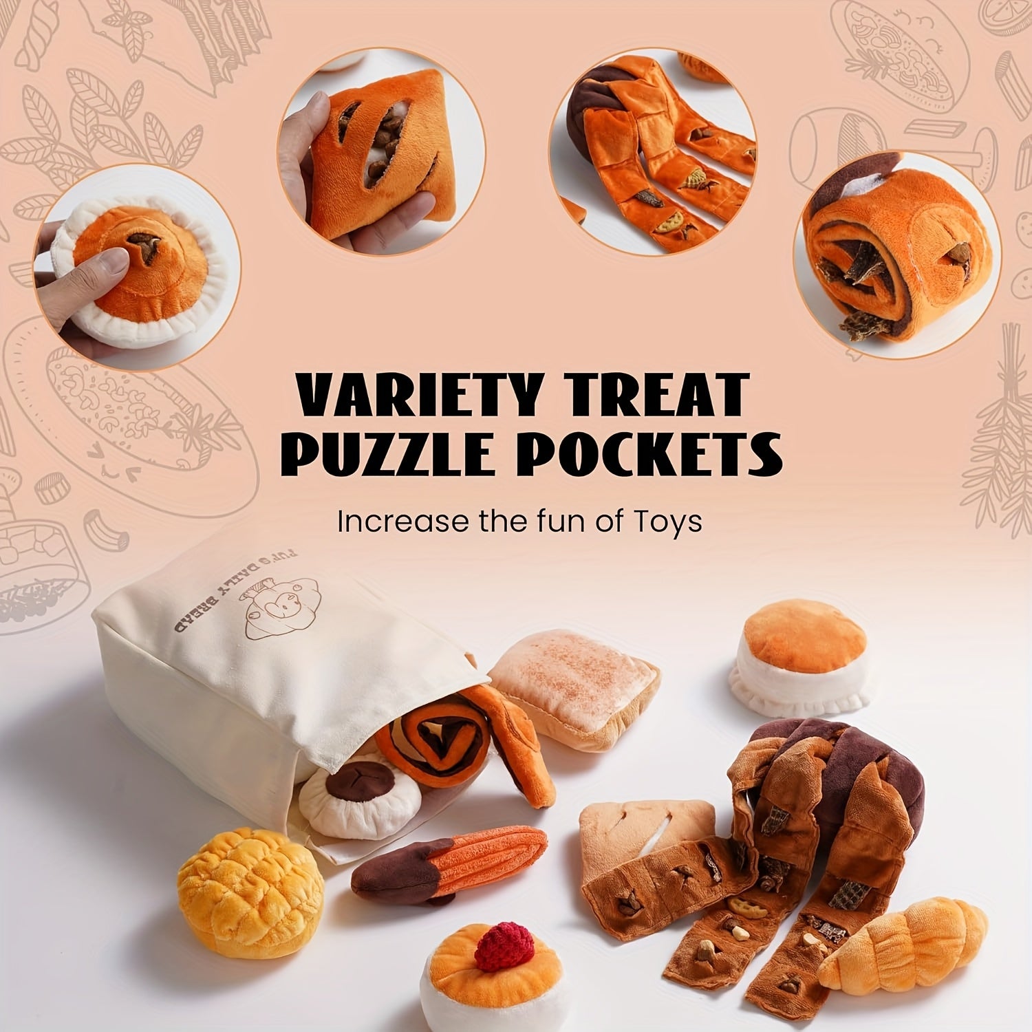 10 Pack Nocciola Bread Dog Toys with Storage Bag - Crinkle Squeaky Plush Chew Toys for Small & Medium Dogs, Durable Puppy Toys with Treat Hiding Pockets, Assorted Bread-Shaped Interactive Dog Accessories, Pet Playtime Accesso