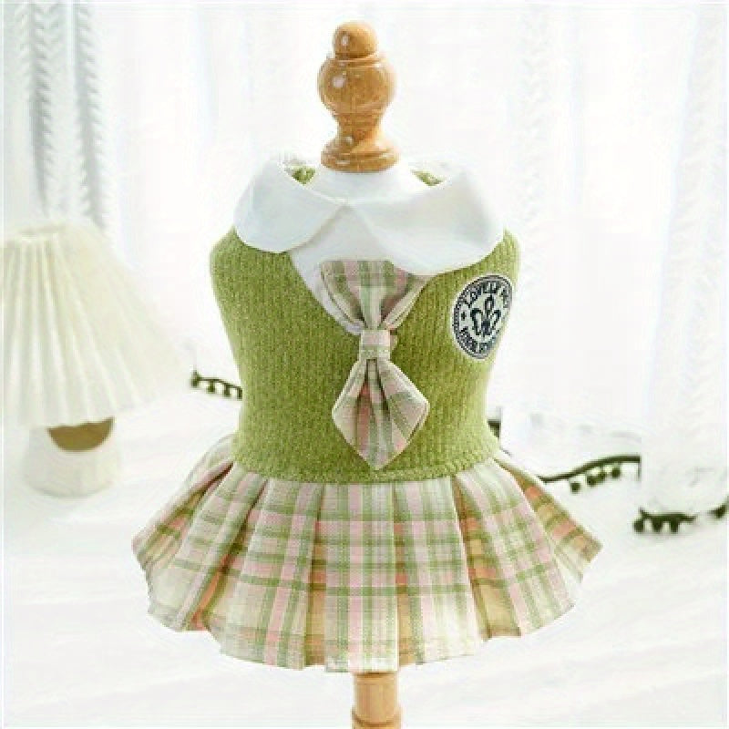 Small Breeds Polyester All-Season Dog Dress, Chic College Style Pet Apparel with Plaid Skirt and Collar, Pullover Design, Ideal for Spring, Cat & Chihuahua, Available in Pink, Blue, Green