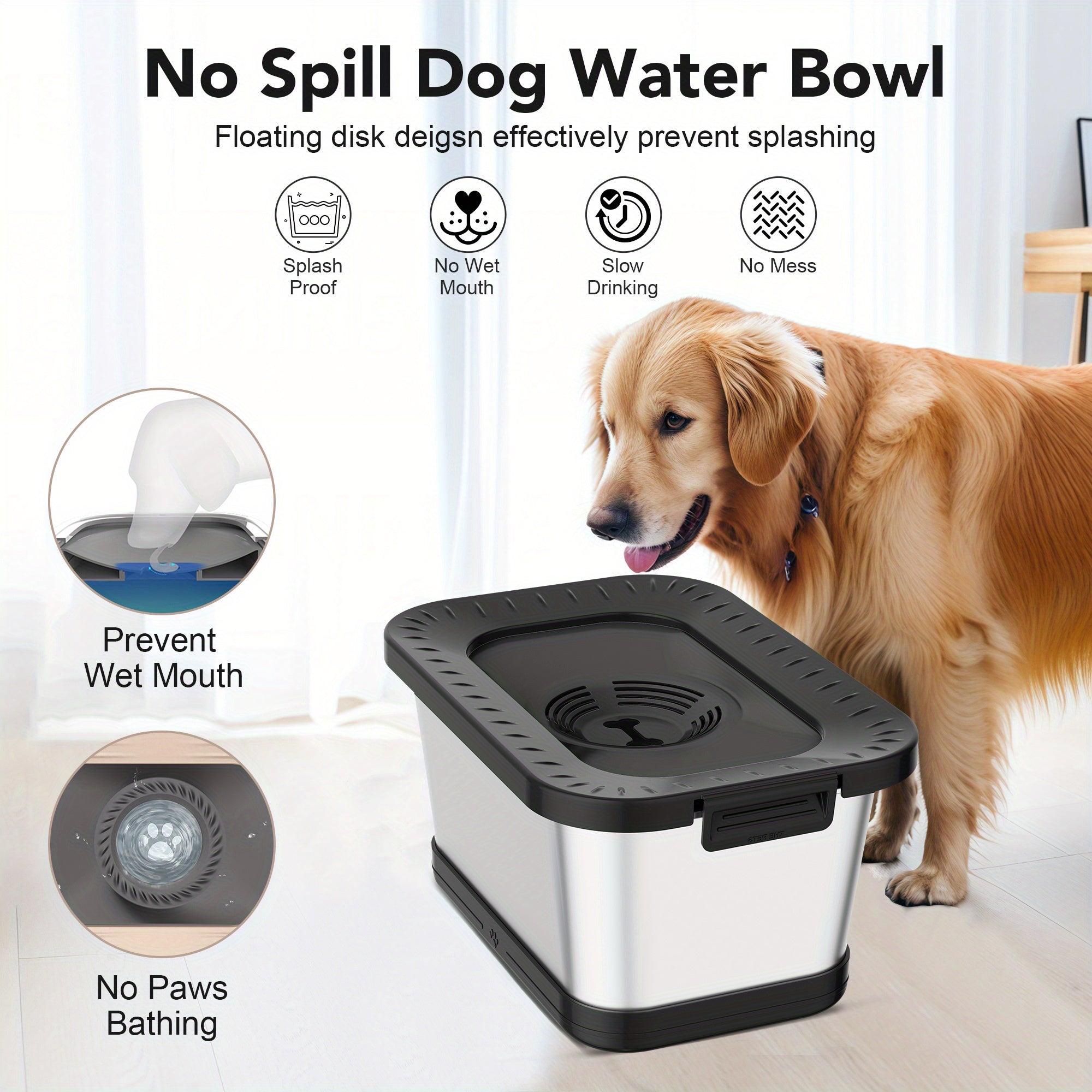 1.85gal Stainless Steel Dog Dish with Anti-Slip Base | Water-Resistant Structure, Sturdy Indoor/Outdoor Pet Feeding Station (Black)