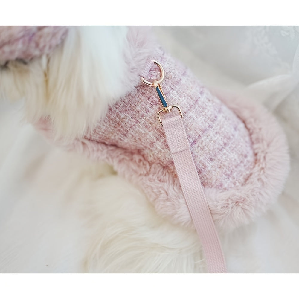 Cozy Pink Plush Dog Sweater with Adjustable Harness and Leash Set - Knit Winter Coat for Small to Medium Breeds, Fashionable Pet Apparel for Autumn & Winter Comfort