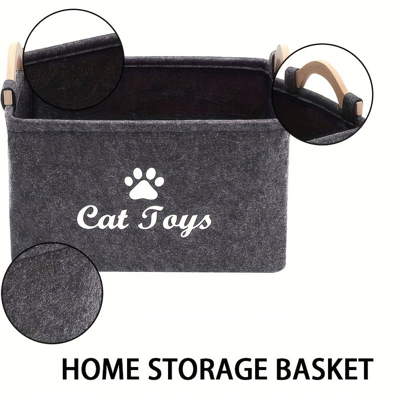 Foldable Pet Toy Storage Basket for Dogs & Cats - Durable Polyester with Paw Print Design, Wooden Handles, Ideal for Organizing Pet Playthings, Dog Toy Storage Basket