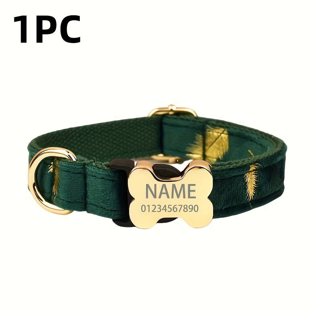 Personalized Cute Green Star Feather Pet Collar with Metal Bone Buckle, Customizable Name and Phone Number ID Tag for Large/Medium/Small Dogs - Soft, Comfortable, Adjustable & Durable Accessory - The Perfect Gift for Your Pet