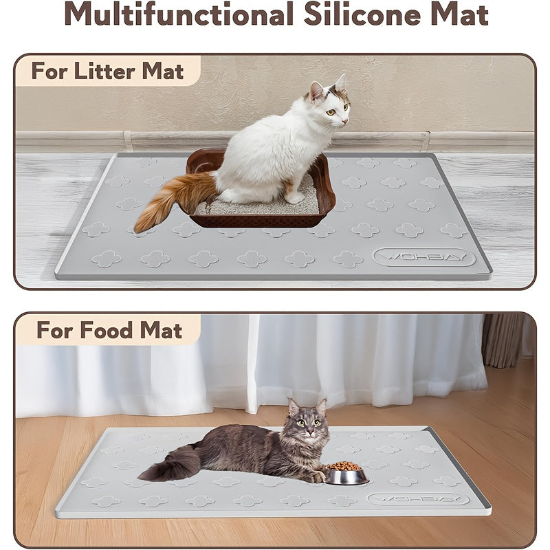 3-in-1 Washable Silicone Cat Litter & Food Mat - XXL Large Waterproof Non-Slip Floor Protector, Raised Edges Pet Feeding Tray, Foldable Litter Trapping Mat for Cats, Easy Clean Kibble & Crumbs Proofing System (Fits Litter Box
