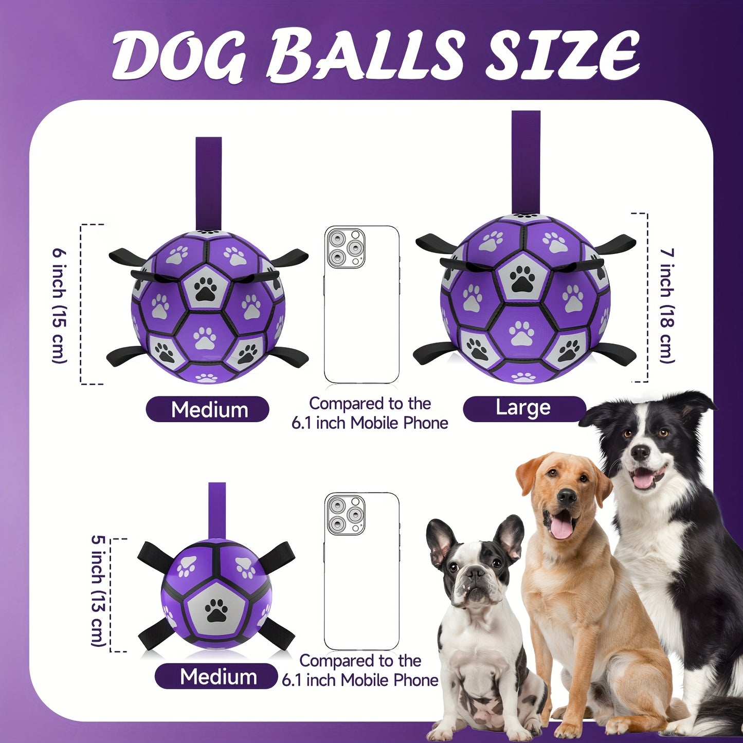 Durable Rubber Dog Soccer Ball with Straps - Interactive Chew-Resistant Pet Toy for All Breed Sizes, Purple & Black with Paw Print Design, Indoor/Outdoor Play & Training, Dog Ball Toy, Large Surface Area