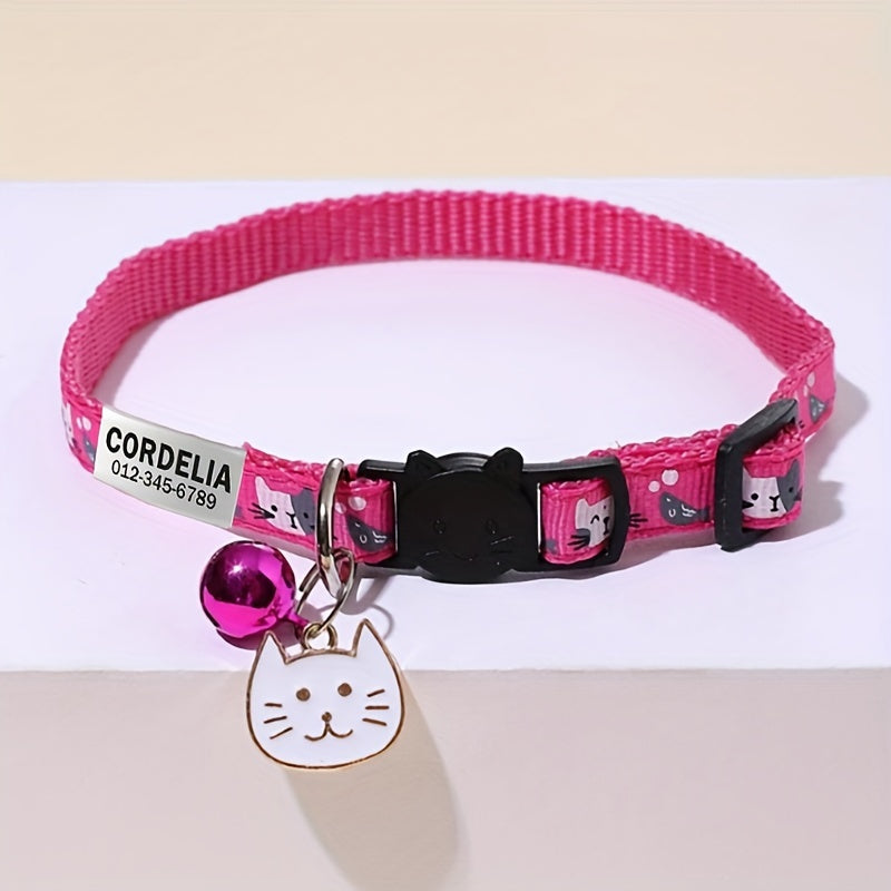 Customizable Cartoon Cat Print Pet Collar with Bell and Engraved ID Tag, Durable Polyester Adjustable Collar for Cats and Dogs, Personalized Name and Phone Number for Lost Prevention - Perfect Gift for Pets