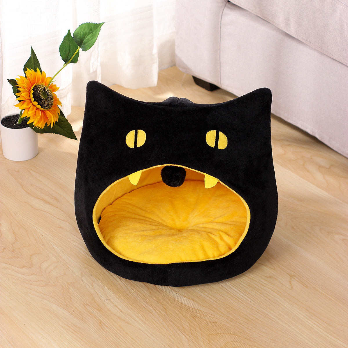 Whimsical Plush Black Cat Pet Bed - Soft, Furry, and Cozy Design for Ultimate Feline Comfort, Relaxation, and Sleep - Perfect for Your Adorable Feline Friend's Happy Moments
