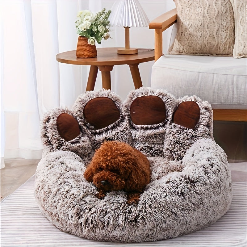 Cozy Bear Paw Plush Pet Bed - Warm, Comfortable & Washable Cat and Dog Nest for All Seasons