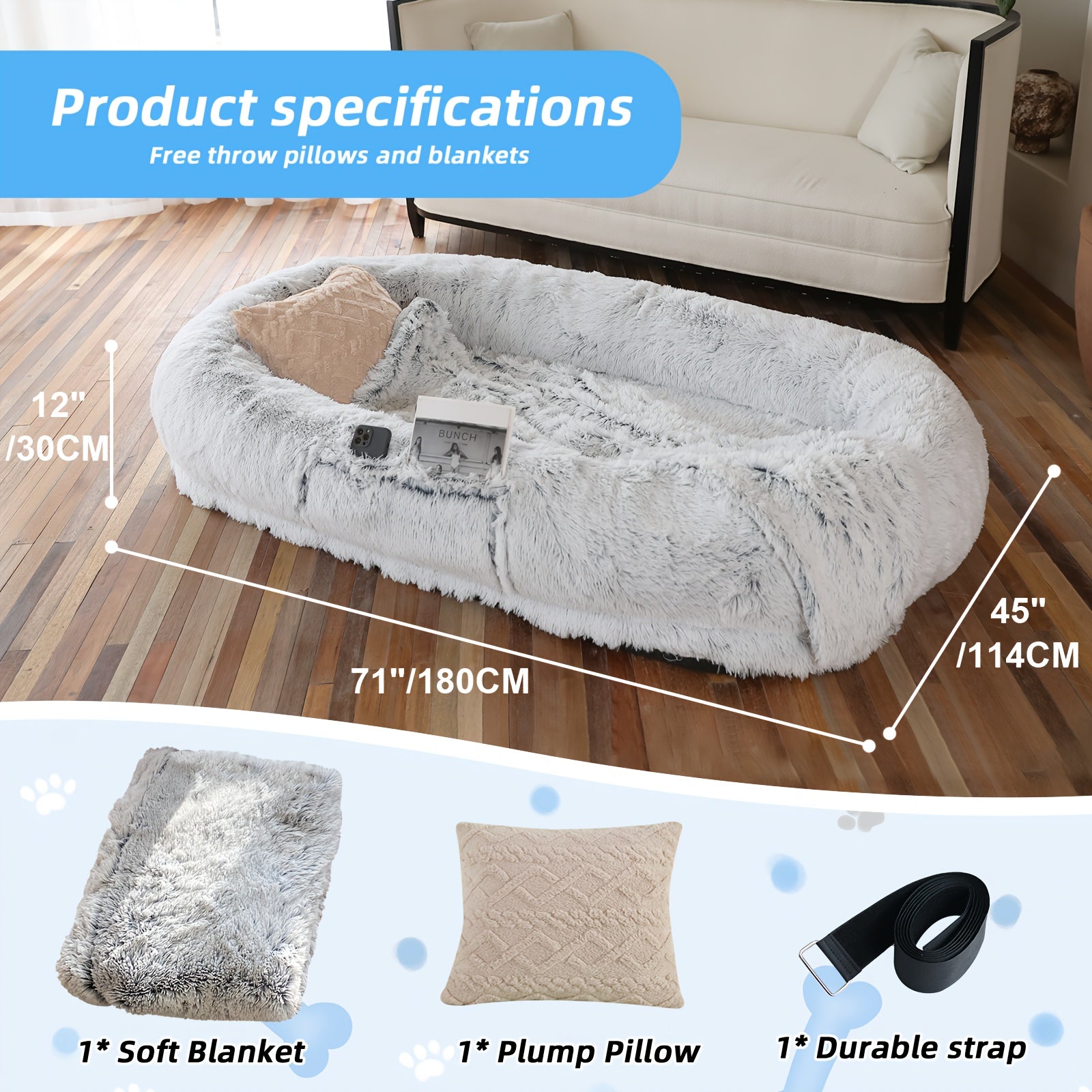 Extra Large Orthopedic Human & Dog Bed with Plush Pillow & Blanket - 71"x45"x12" Washable Faux Fur Pet Couch, Non-Slip Base, Removable Cover - Grey Bed for All Dog Breeds (Small/Medium/Large Dogs) & Cozy Napping Companion for