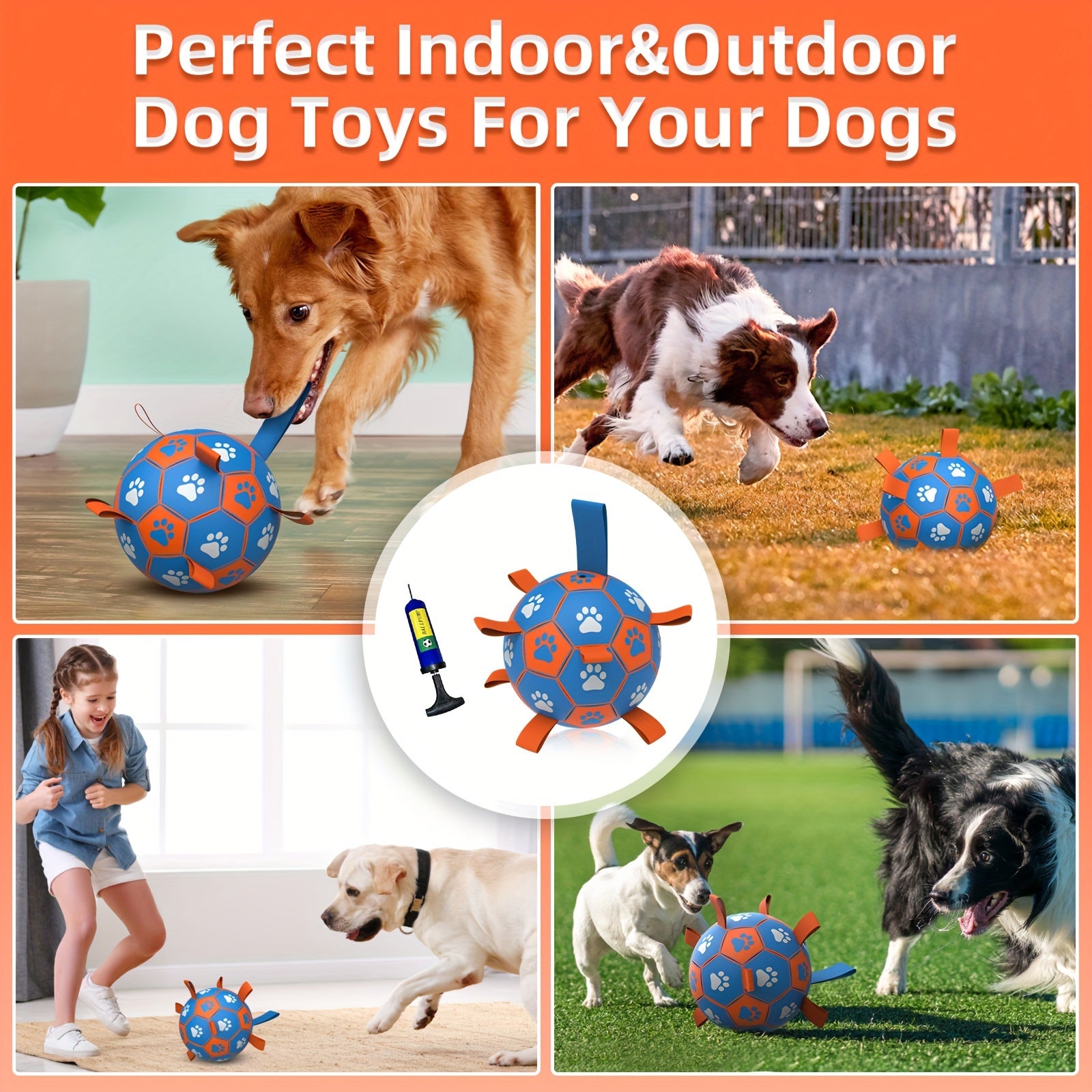 Interactive Dog Toy Ball - Durable Soccer Ball Design with Strong Webbing, Easy-to-Inflate, Encourages Active Play, Chase, and Tug of War - Essential Pet Toy Supplies, Vibrant Orange and Blue, Includes Convenient Inflater