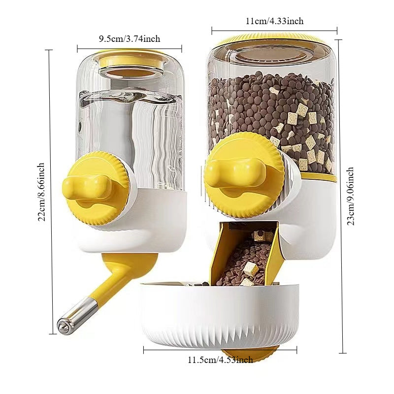 A 2pcs hanging automatic feeder drinking bowl, automatic gravity pet feeder no drip water set, Cage pet feeding bowl dispenser for pet cats, dogs, puppies, rabbits (yellow gray green food)