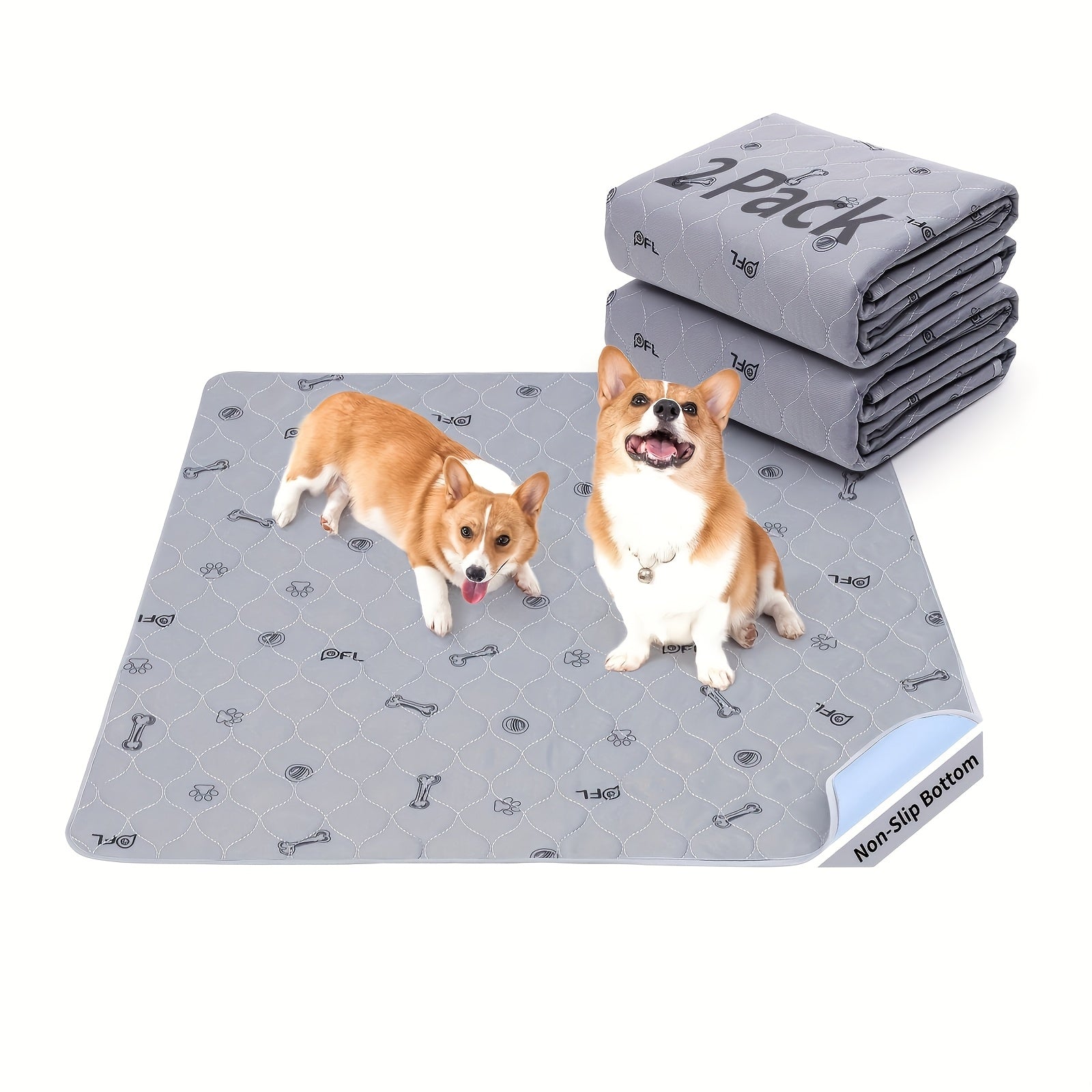 Washable & Reusable Dog Pee Pads - Leakproof Puppy Training Pads with Non-Slip Bottom, Quick-Absorbent Washable Layers & Bone Print Design (Grey/White) for Crate, Potty Training,, Post-Surgery - Multi-Use Pet Bed, Kennel