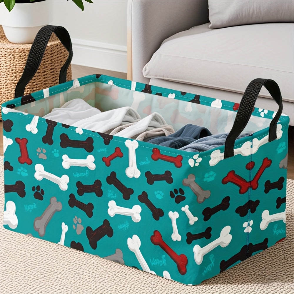 1pc Extra Large Teal Dog Paw Bones Pattern Storage Basket, Foldable Oxford Bin with Metal Frame, Ideal for Dirty Clothes & Fragrance Organization, Cologne Collection Display, Dresser Top Arrangement, Polyester Material, Pet A