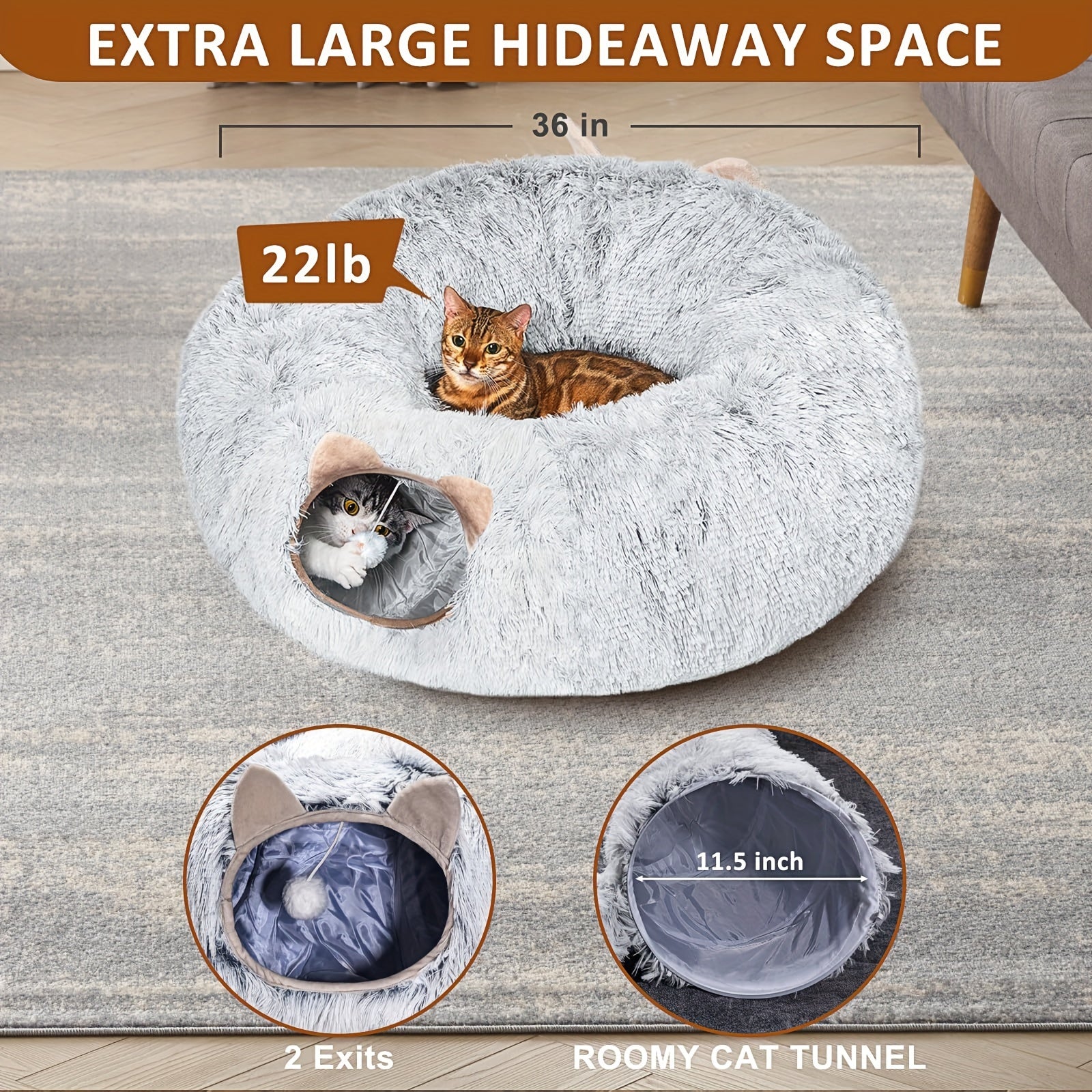 Soft Plush Cat Tunnel with Cozy Donut Bed - Multi-Functional Hideout & Playhouse for Indoor Cats, Kittens, Rabbits, Ferrets - Tunnel Vision Peeping Holes, Large Tube for Hide & Seek, Durable Pet Toy for Small/Medium/Large Fel