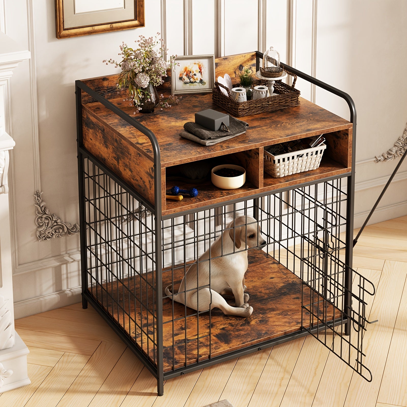 Saudiism Dog Crate for Small Dogs - Heavy-Duty Wooden with 2 Drawers, Sturdy Metal Frame & Soft Interior, Portable Pet Bed for Puppies, Collies, Poodle, Puppy Crate, Pet Bed, Classic Pet Furniture, Durable Pet Furniture