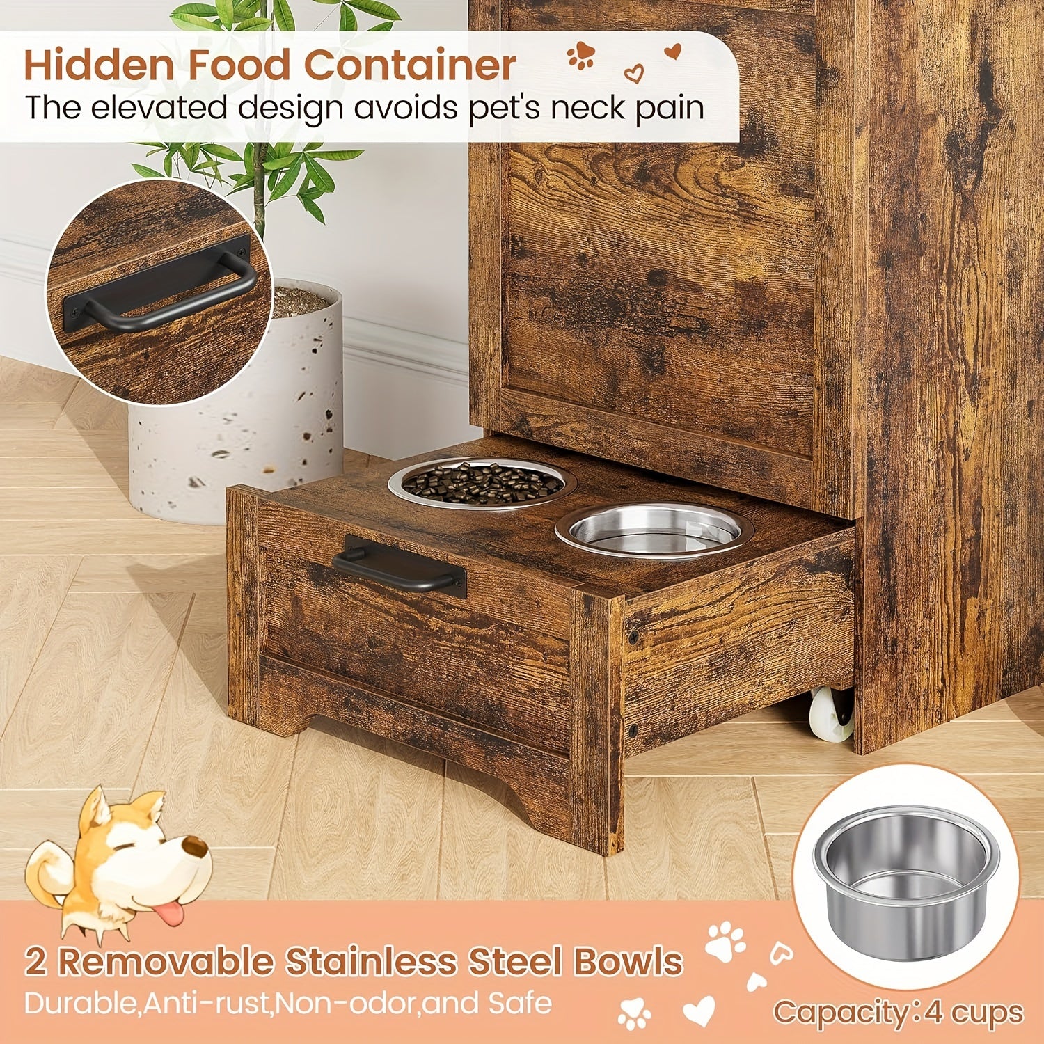 Dog Feeding Station With 2 Elevated Dog Bowls, Pet Feeding Station, Flip Top Dog Food Storage Cabinet, Dog Food Storage Container, Pet Toy Storage Organizer, Modern Dog Storage Organizer, Brown, Grey
