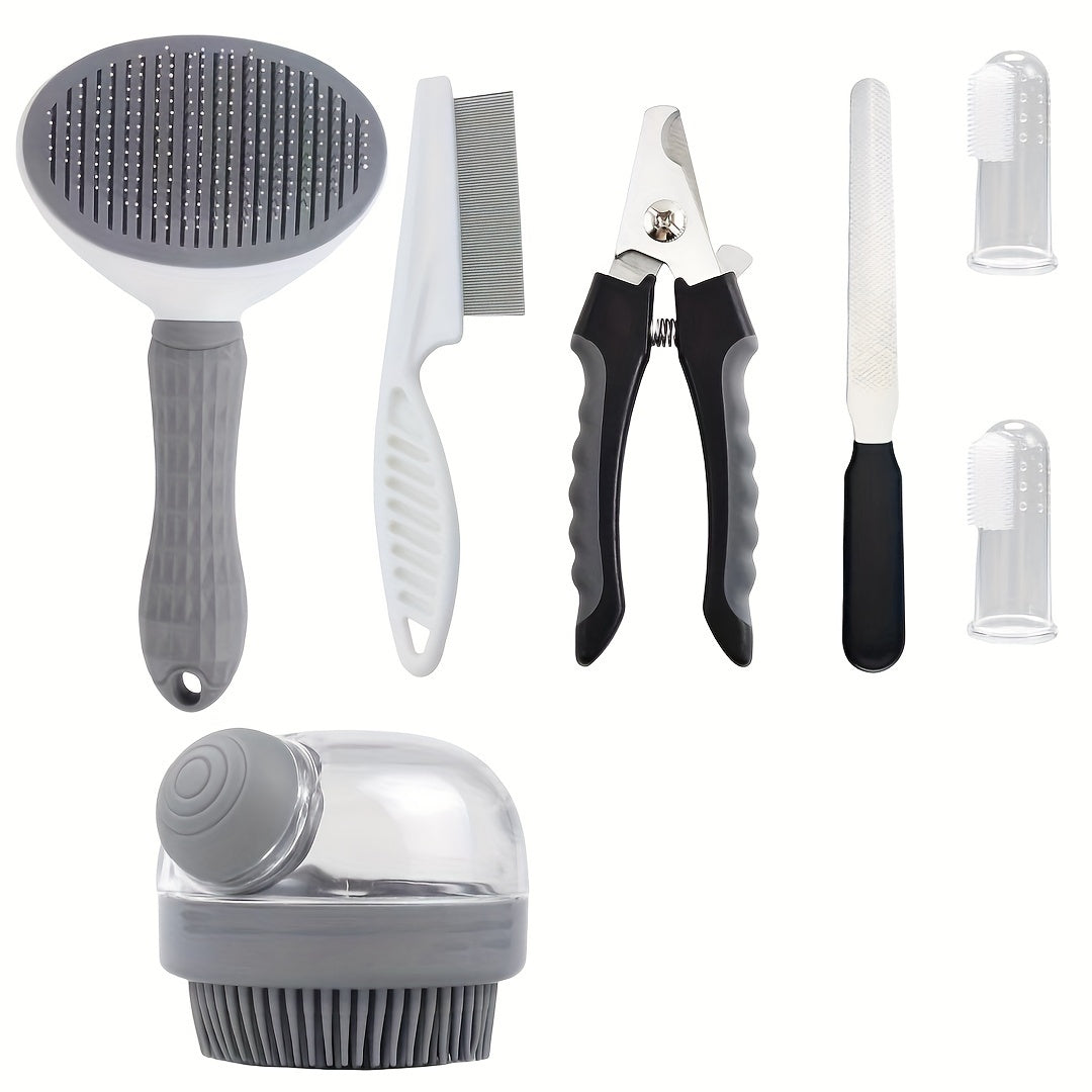 7pcs/set Pet Grooming Set, Self Cleaning Cat and Dog Brush with Nail Clipper, File, Flea Comb, Bath Brush, and Finger Toothbrush