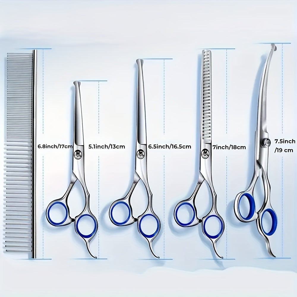 7 piece professional pet grooming scissors set, stainless steel dog and cat hair thinning scissors, with downward curved, straight, upward curved scissors and comb