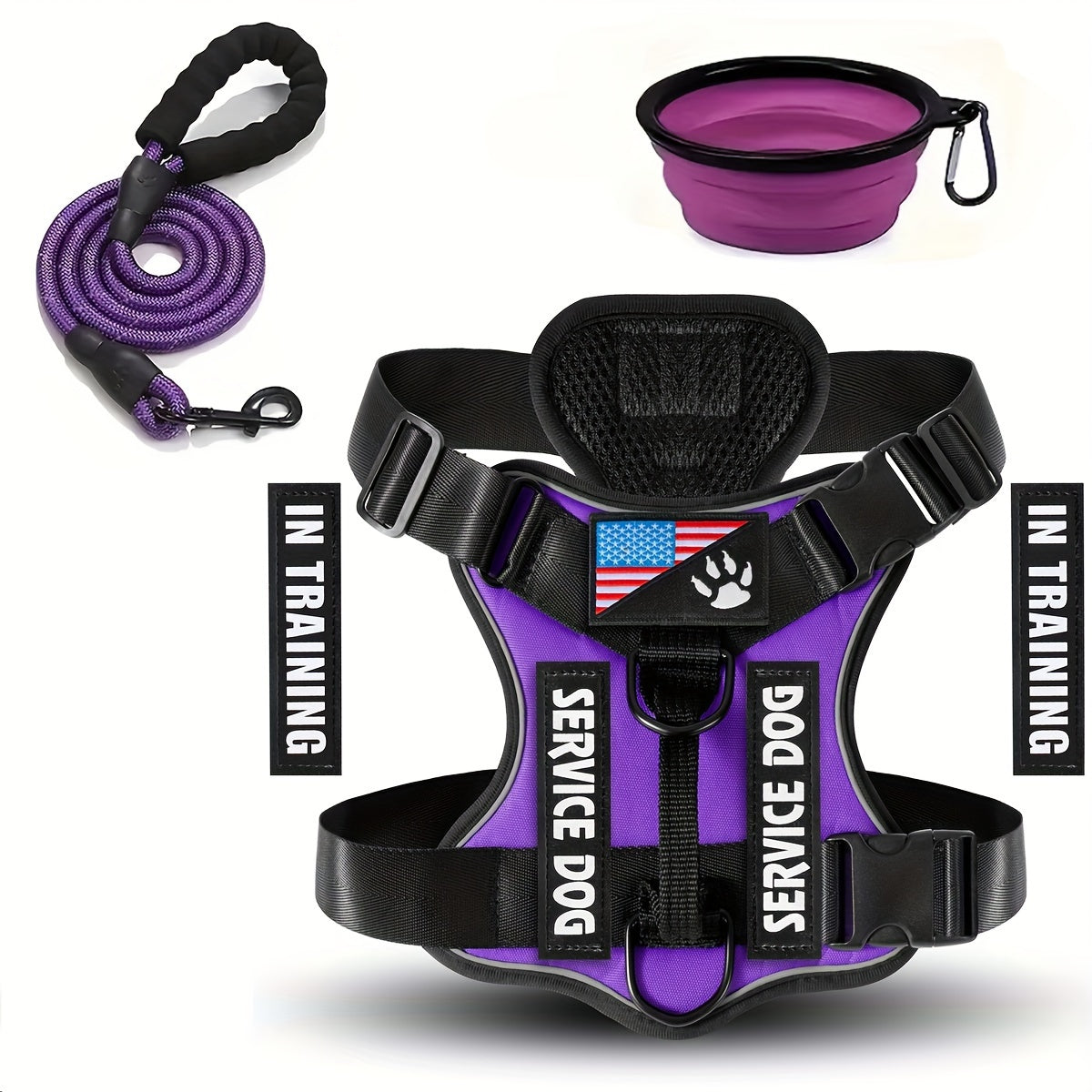 Service Dog Harness and Leash Set - Adjustable Soft Oxford Pet Harness with 1pc Folding Bowl, 5pcs Patches, Reflective Vest, Easy Control Traction Rope for Small Medium Large Dogs