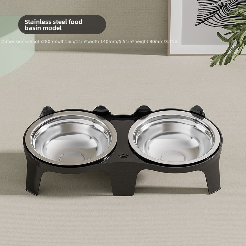 Stainless Steel -Tipping Double-Bowl Cat & Dog Food Feeder - Large Capacity Spill-Proof Design with 15° Slant Mouth & -Skid Base, Detachable Washable Durable Plastic-Like Edges, Ideal for Multi-Cat Households (Easy-Clean Pet