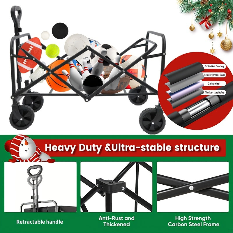 Collapsible Folding Wagon Cart, Large Capacity Track and Field Equipment Transporter, All-Terrain Foldable Pet Stroller, Heavy-Duty Utility Wagon for Grocery, Outdoor Beach, Gardening, Shopping & Fishing – Perfect Christmas