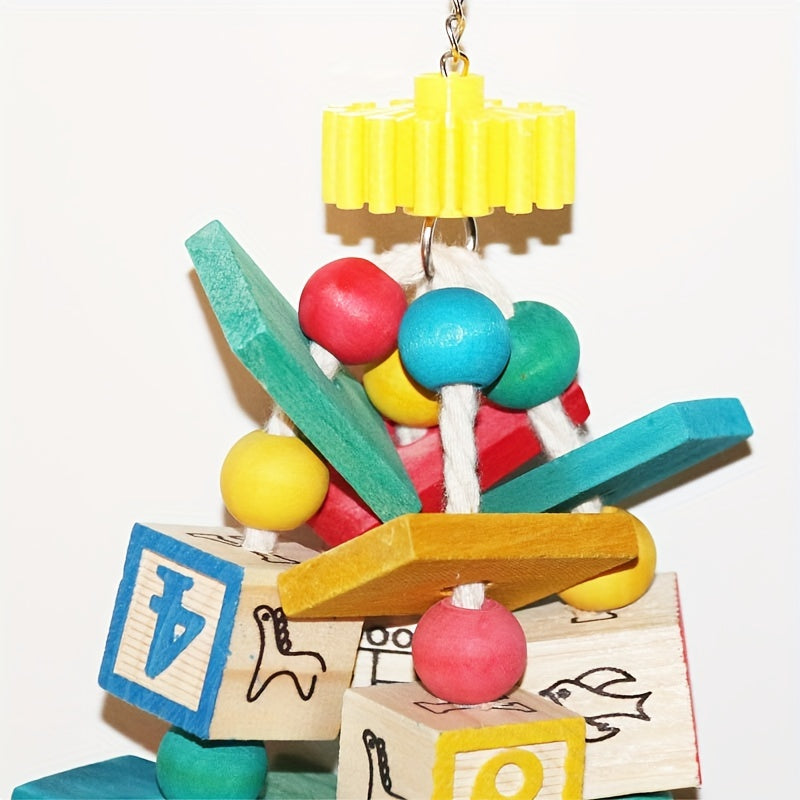 Wooden Bird Chewing Toy with Letter Blocks, Colorful Parrot Swing Hanging Toy, Durable Wood Material for Pet Birds