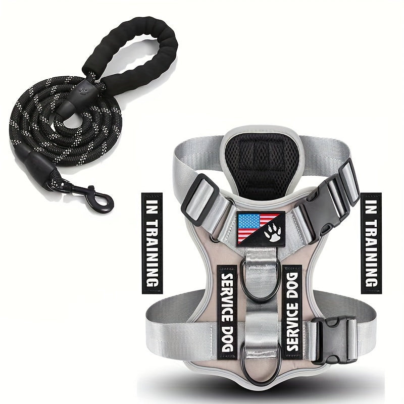 Service Dog Harness, Reflective Dog Vest Harness With 5 PCS Patches, Adjustable Soft Oxford Pet Harness, Inner Layer Mesh, Easy To Control For Small Medium Large Dogs With 59inch Traction Rope