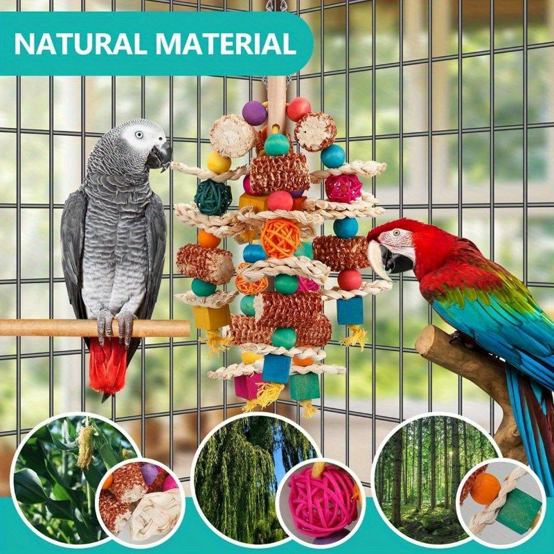 1pc Natural Corn Cob Parrot Chew Toy - Durable and Safe for Small to Medium Birds, with Wooden Blocks, Synthetic Fiber, Snack Style for All Bird Types