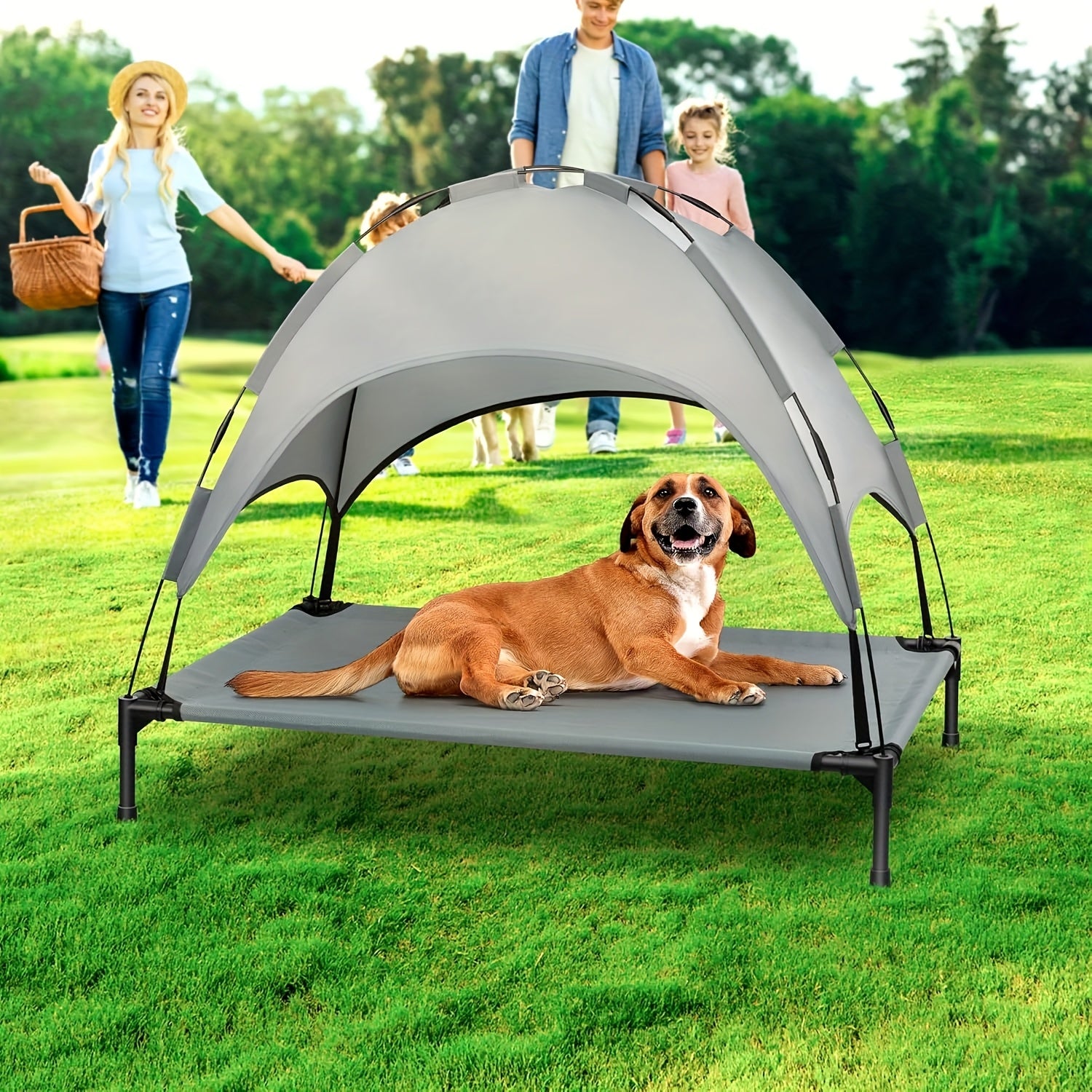 HEEYOO 42" Raised Dog Bed with Detachable Canopy - All-Weather Foldable Pet Cot for Indoor/Outdoor Use, Cooling Breathable Mesh & UV Protection, Windproof Sun-Resistant Elevated Bed for Dogs & Cats, Camping, Living Room, Bedr