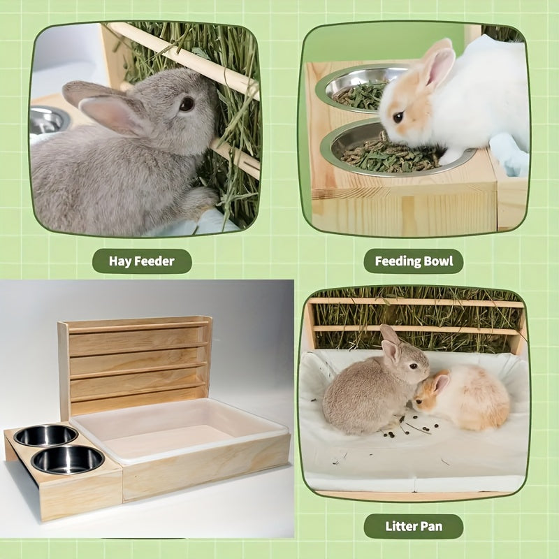 Small Pet Feeding Station with Hay Rack, Cat Litter Box & Dual Bowls - Ideal for Rabbits and Guinea Pigs