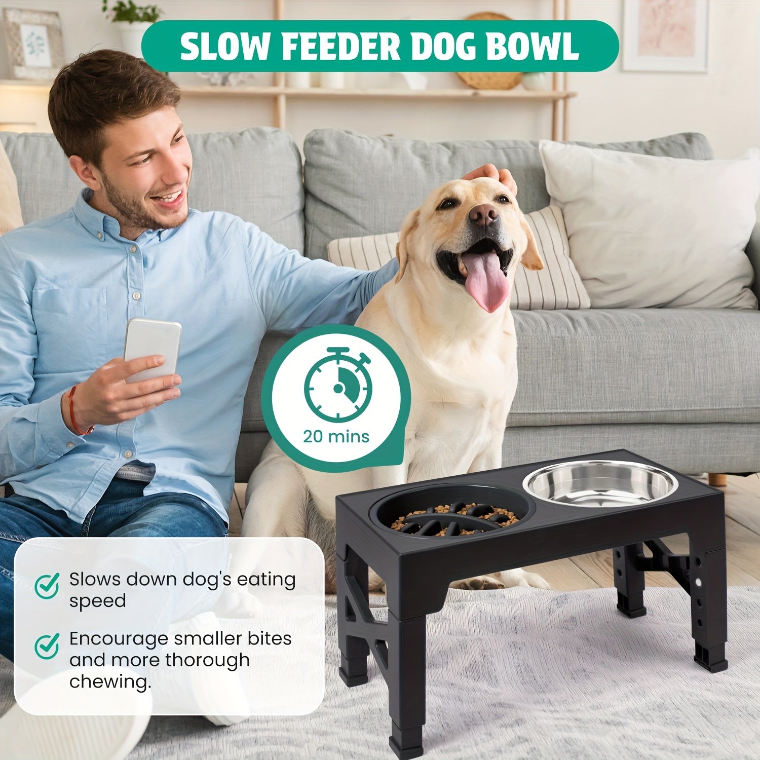 Adjustable Height Elevated Dog Bowl Stand, 5-Level Adjustment from 3.2" to 12.2", Includes 2 Stainless Steel Food Bowls & Slow Feeder, Sturdy Black Metal for Small to Large Dogs, Pet Feeding Station | Sleek Dog Stand | Durabl